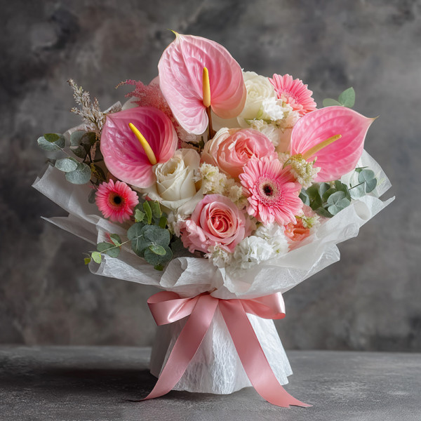 Blush Tide — Pink Anthuriums and Roses in Spring